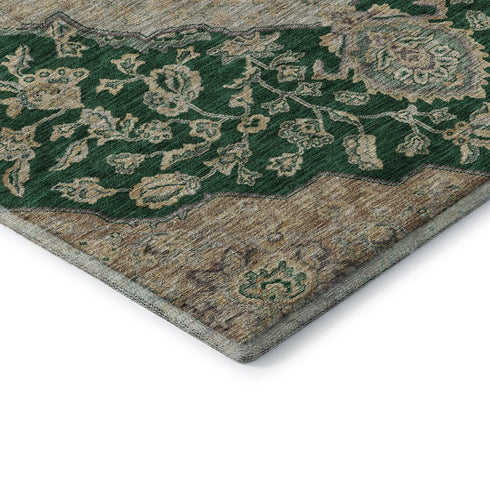 5' X 8' Emerald Beige And Taupe Floral Medallion Washable Area Rug With UV Protection