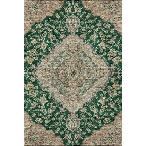 5' X 8' Emerald Beige And Taupe Floral Medallion Washable Area Rug With UV Protection