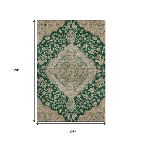 8' X 10' Emerald Beige And Taupe Floral Medallion Washable Area Rug With UV Protection