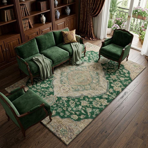 8' X 10' Emerald Beige And Taupe Floral Medallion Washable Area Rug With UV Protection