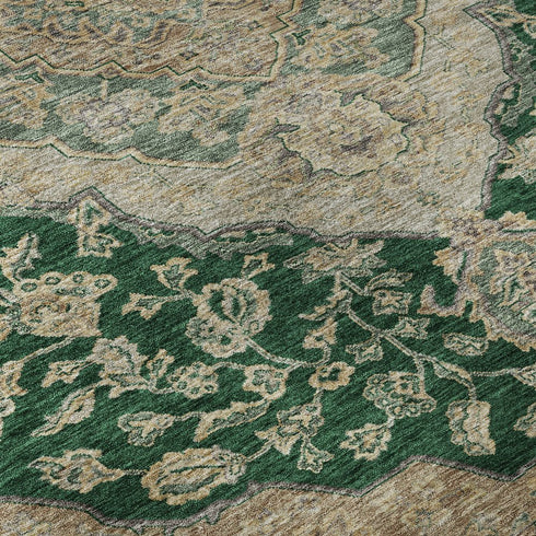 8' X 10' Emerald Beige And Taupe Floral Medallion Washable Area Rug With UV Protection