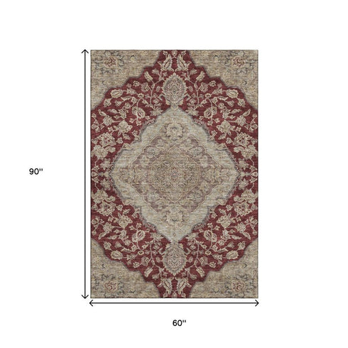 5' X 8' Burgundy Beige And Gray Floral Medallion Washable Area Rug With UV Protection