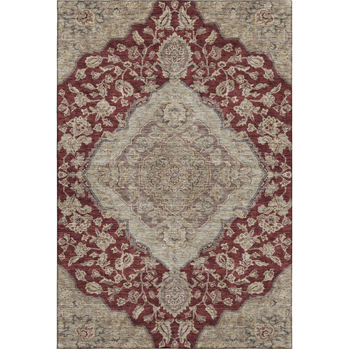 5' X 8' Burgundy Beige And Gray Floral Medallion Washable Area Rug With UV Protection