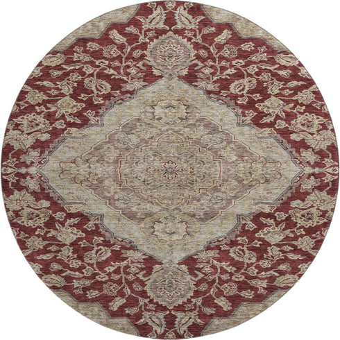 8' Burgundy Beige And Gray Floral Medallion Washable Round Rug With UV Protection