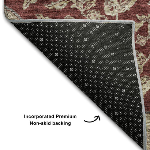 8' Burgundy Beige And Gray Floral Medallion Washable Round Rug With UV Protection