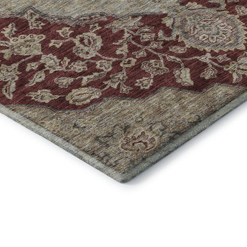 8' Burgundy Beige And Gray Floral Medallion Washable Round Rug With UV Protection