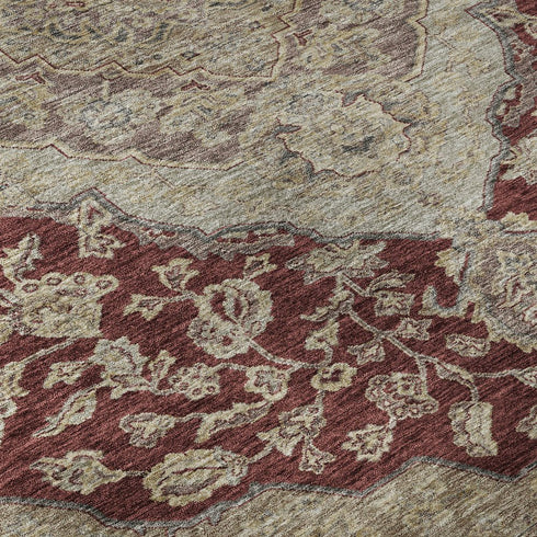 8' Burgundy Beige And Gray Floral Medallion Washable Round Rug With UV Protection