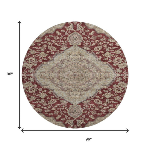 8' Burgundy Beige And Gray Floral Medallion Washable Round Rug With UV Protection