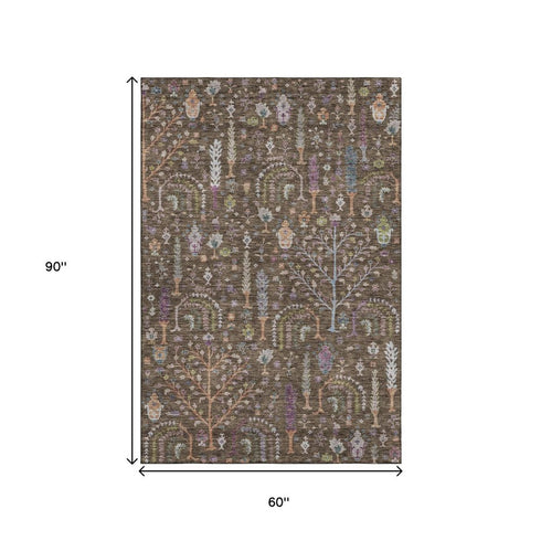 5' X 8' Brown Blue And Purple Floral Washable Area Rug With UV Protection