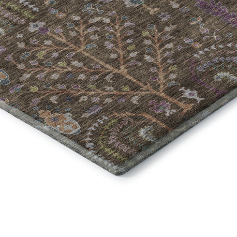 5' X 8' Brown Blue And Purple Floral Washable Area Rug With UV Protection