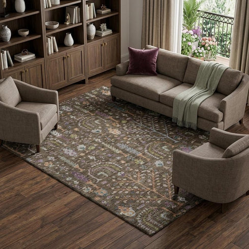 8' X 10' Brown Blue And Purple Floral Washable Area Rug With UV Protection