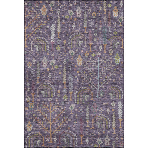5' X 8' Eggplant Orange And Green Floral Washable Area Rug With UV Protection