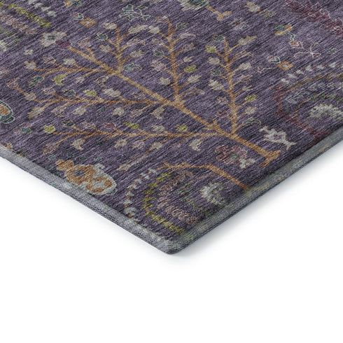 5' X 8' Eggplant Orange And Green Floral Washable Area Rug With UV Protection
