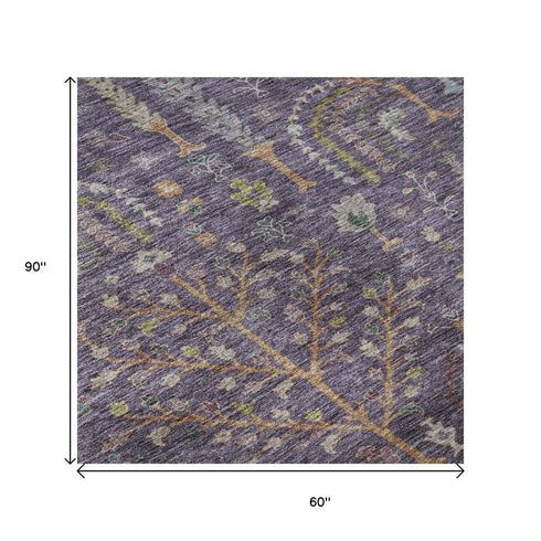 5' X 8' Eggplant Orange And Green Floral Washable Area Rug With UV Protection