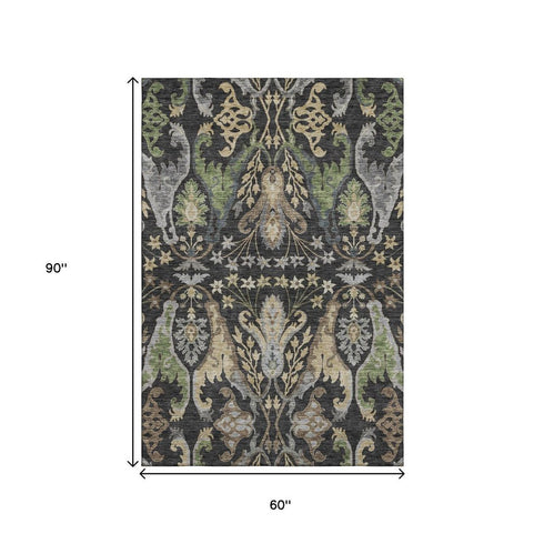 5' X 8' Black Olive Green And Gray Floral Washable Area Rug With UV Protection