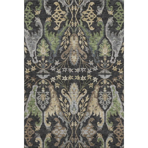 5' X 8' Black Olive Green And Gray Floral Washable Area Rug With UV Protection