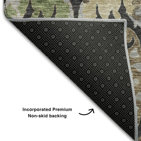 5' X 8' Black Olive Green And Gray Floral Washable Area Rug With UV Protection