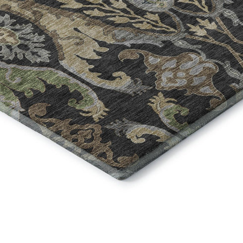 5' X 8' Black Olive Green And Gray Floral Washable Area Rug With UV Protection