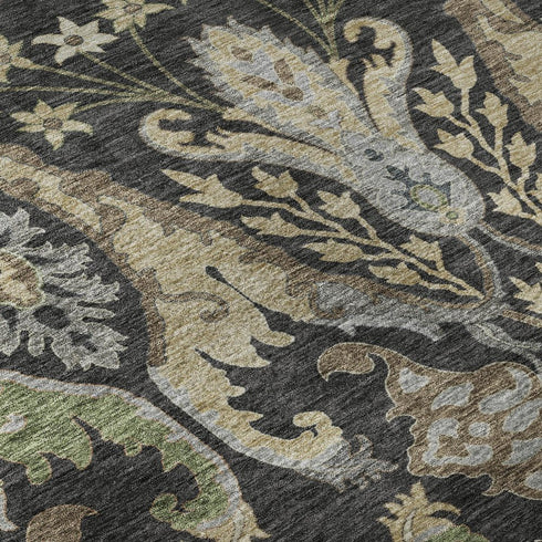 5' X 8' Black Olive Green And Gray Floral Washable Area Rug With UV Protection