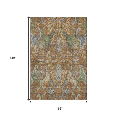 8' X 10' Copper Gray And Olive Green Floral Washable Area Rug With UV Protection