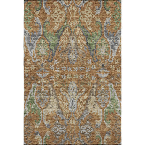 8' X 10' Copper Gray And Olive Green Floral Washable Area Rug With UV Protection