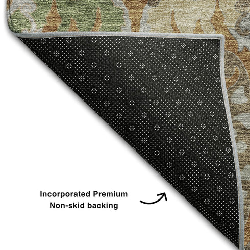 8' X 10' Copper Gray And Olive Green Floral Washable Area Rug With UV Protection