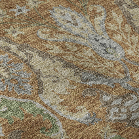 8' X 10' Copper Gray And Olive Green Floral Washable Area Rug With UV Protection