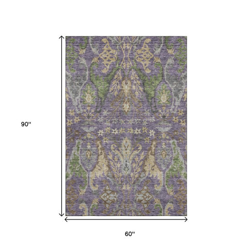 5' X 8' Purple Gray And Olive Green Floral Washable Area Rug With UV Protection