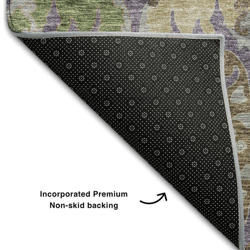 5' X 8' Purple Gray And Olive Green Floral Washable Area Rug With UV Protection