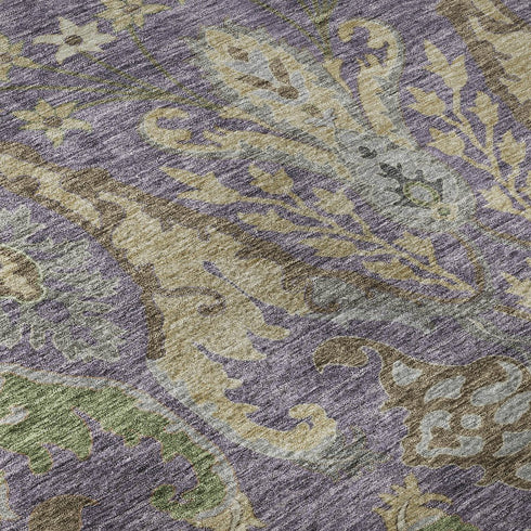 5' X 8' Purple Gray And Olive Green Floral Washable Area Rug With UV Protection