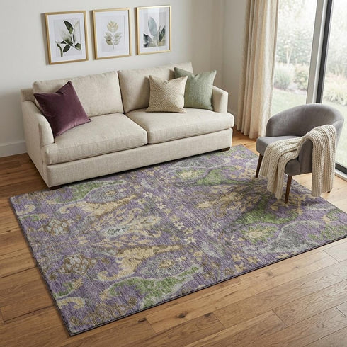 5' X 8' Purple Gray And Olive Green Floral Washable Area Rug With UV Protection