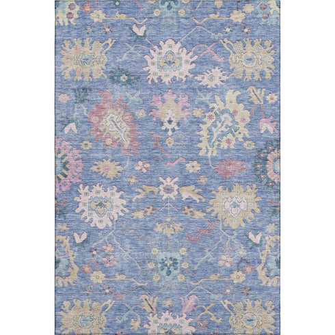 5' X 8' Blue Blush And Gold Floral Washable Area Rug With UV Protection