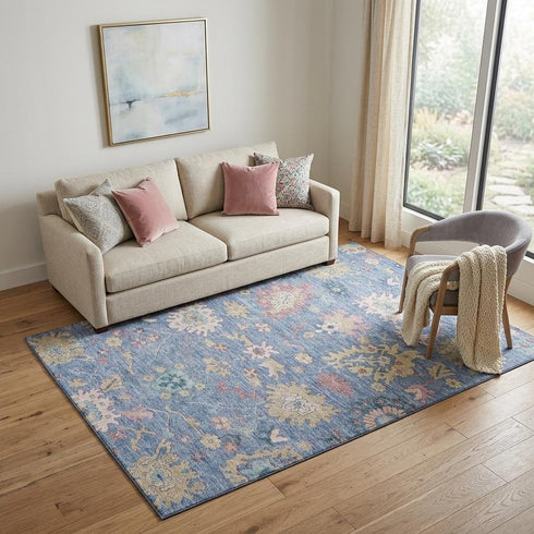 5' X 8' Blue Blush And Gold Floral Washable Area Rug With UV Protection