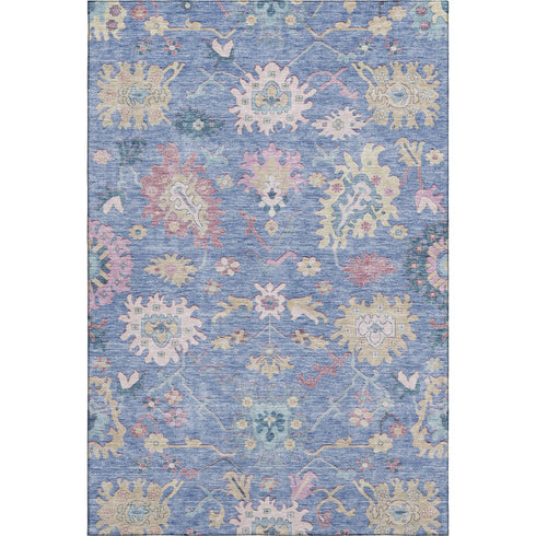 8' X 10' Blue Blush And Gold Floral Washable Area Rug With UV Protection