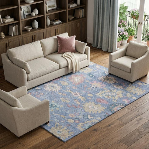 8' X 10' Blue Blush And Gold Floral Washable Area Rug With UV Protection