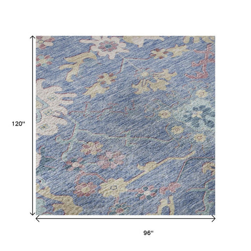 8' X 10' Blue Blush And Gold Floral Washable Area Rug With UV Protection