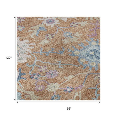 8' X 10' Orange Teal And Pink Floral Washable Area Rug With UV Protection