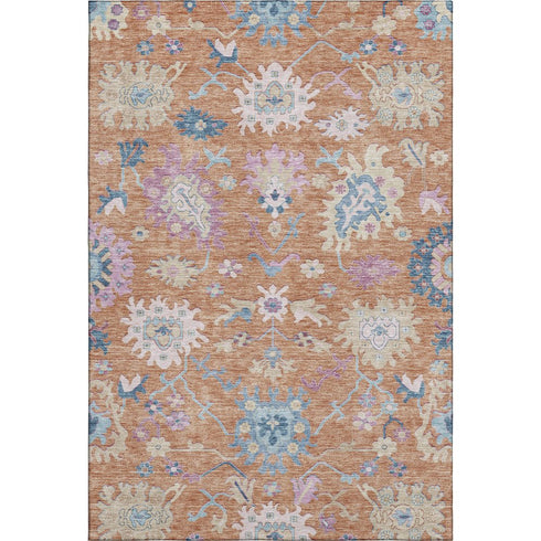 8' X 10' Orange Teal And Pink Floral Washable Area Rug With UV Protection