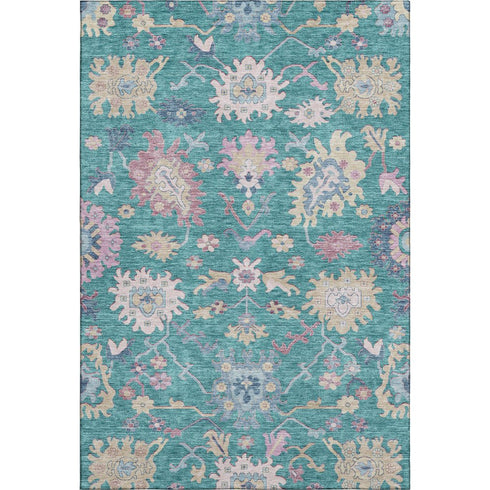 8' X 10' Teal Beige And Pink Floral Washable Area Rug With UV Protection