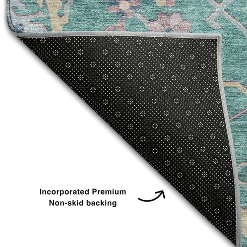 8' X 10' Teal Beige And Pink Floral Washable Area Rug With UV Protection
