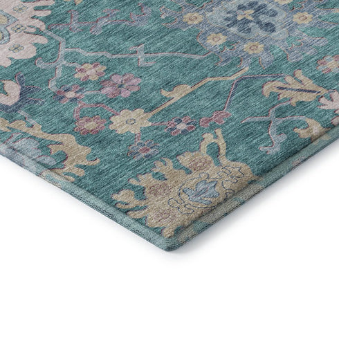 8' X 10' Teal Beige And Pink Floral Washable Area Rug With UV Protection