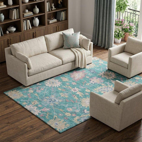 8' X 10' Teal Beige And Pink Floral Washable Area Rug With UV Protection