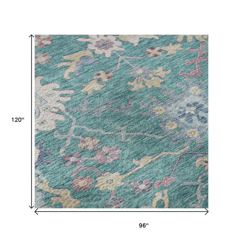 8' X 10' Teal Beige And Pink Floral Washable Area Rug With UV Protection