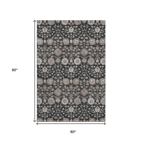 5' X 8' Black Beige And Brown Floral Washable Area Rug With UV Protection