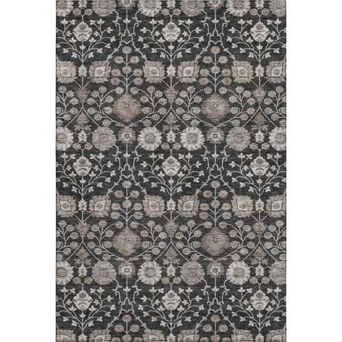 5' X 8' Black Beige And Brown Floral Washable Area Rug With UV Protection