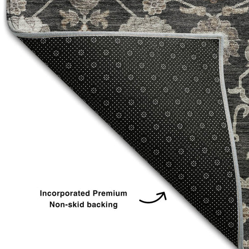 5' X 8' Black Beige And Brown Floral Washable Area Rug With UV Protection