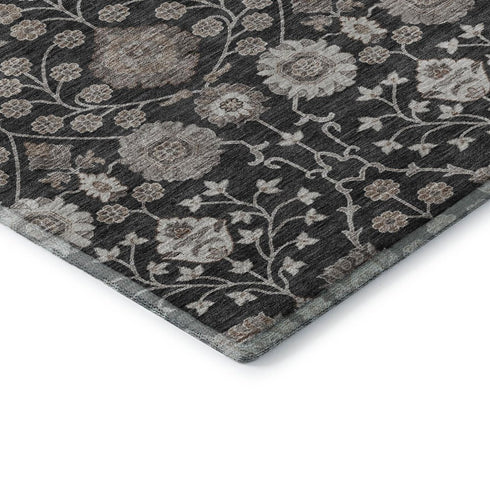 5' X 8' Black Beige And Brown Floral Washable Area Rug With UV Protection