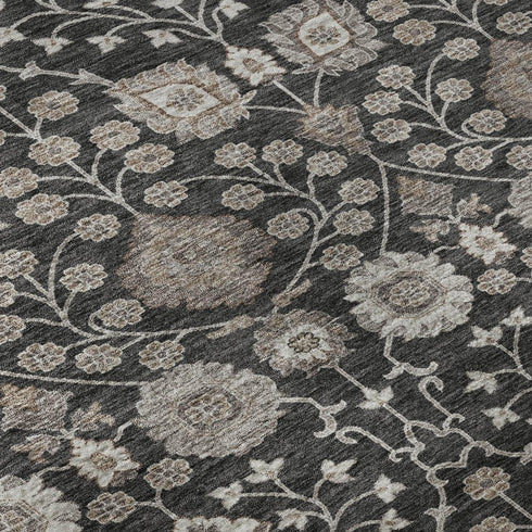 5' X 8' Black Beige And Brown Floral Washable Area Rug With UV Protection