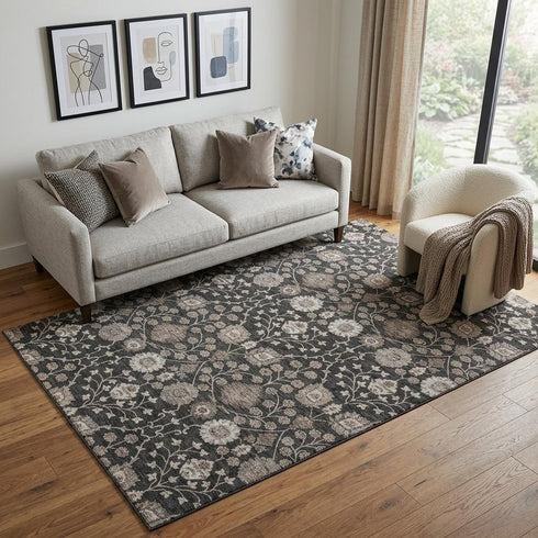 5' X 8' Black Beige And Brown Floral Washable Area Rug With UV Protection