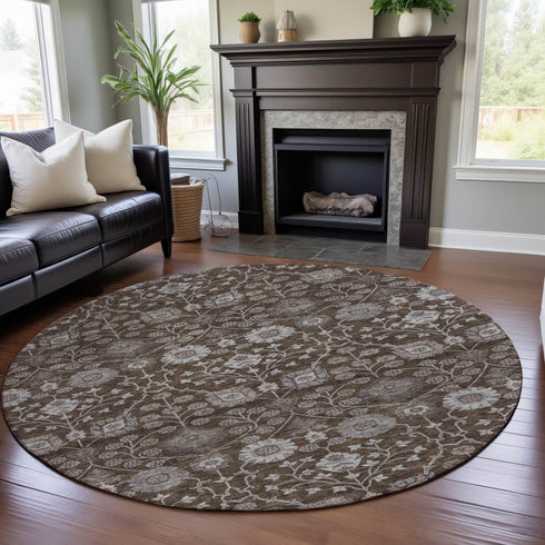 8' Chocolate Beige And Gray Floral Washable Round Rug With UV Protection